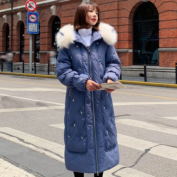 Синий X-Long parkas, пальто-30 градусов с вышивкой, теплая куртка с большим меховым воротником, пальто, повседневная женская зимняя верхняя одежда, парки - Цвет: Синий