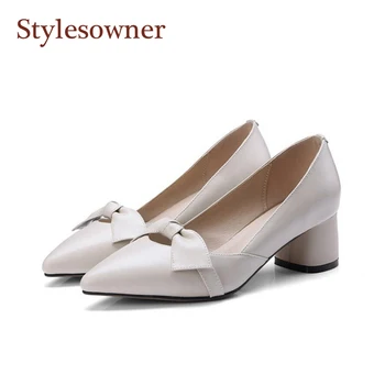 

Stylesowner 2018 Retro Mid-heel Mary Janes Shoes Simple Style Bowtie Slip on Pointed Toe Nice Shoe Office Lady Dress Shoe