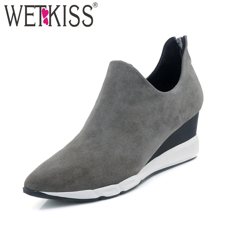 

WETKISS 2018 New Wedges Kid Suede Women Pumps Pointed Toe Slip On Zipper Footwear Spring Handmade Fashion Leisure Ladies Shoes