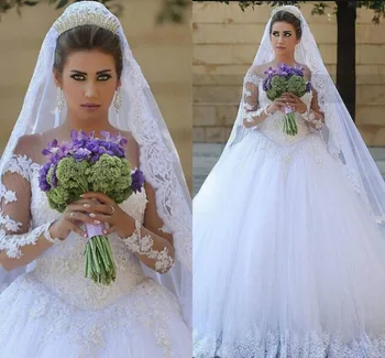 

Fashion long sleeve muslim ball gown wedding dress arabic modest appliques beaded puffy wedding gowns free shipping bride dress