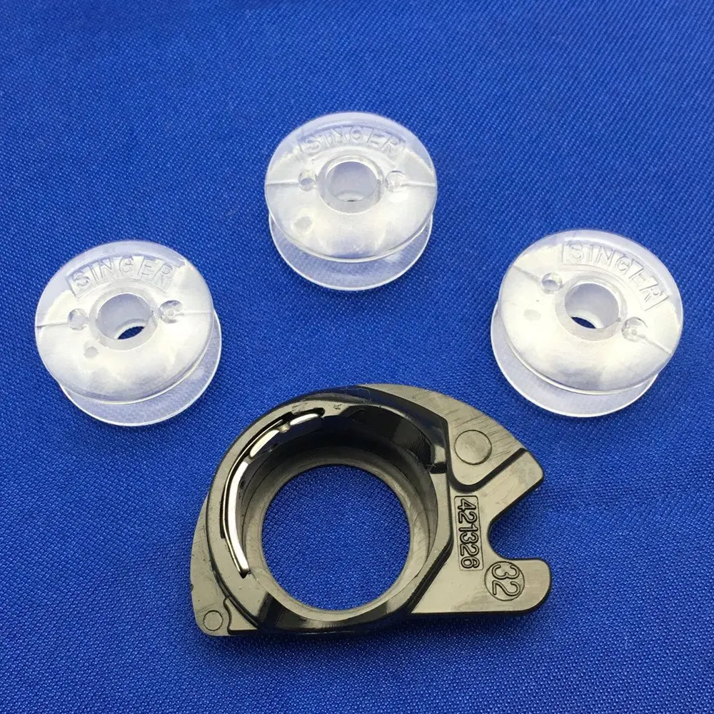 SINGER SEWING MACHINE APOLLO BOBBIN CASE AND 3 BOBBINS