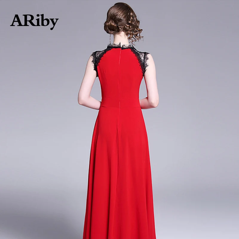 Женское длинное кружевное платье макси ARiby элегантное красное трапеция
