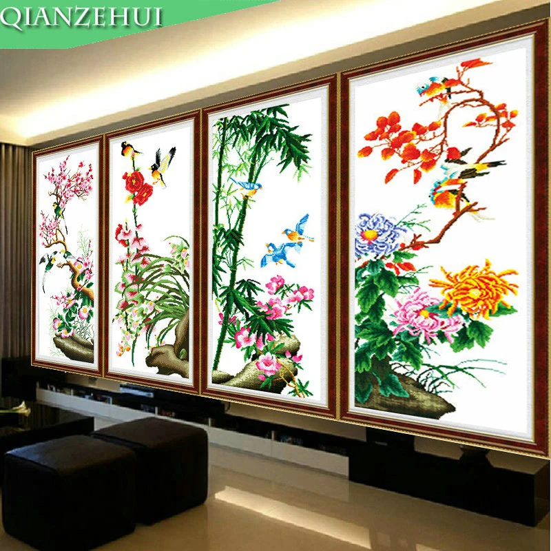 

QIANZEHUI,Needlework,DIY Plum, orchid, bamboo, chrysanthemum Cross stitch,Sets For Embroidery kits, Counted Cross-Stitching