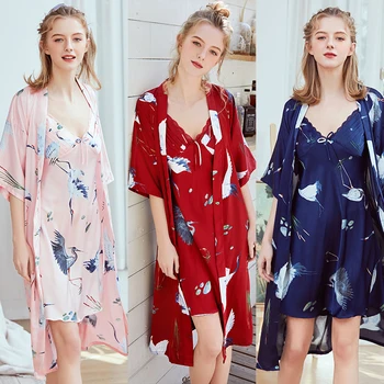 

Wasteheart Pink Red Women's Sleep Robe & Gown Sets Sleepwear Bath Sexy Nightwear Suits Faux Silk 2 Pieces Sleep Set