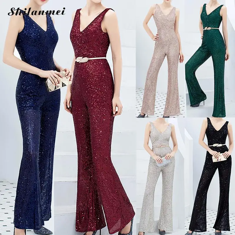 Sparkly Sequined Sequined Women Summer Sexy Deep V-Neck Club Party Long Playsuits Sleeveless Backless Elegant Romper Femme