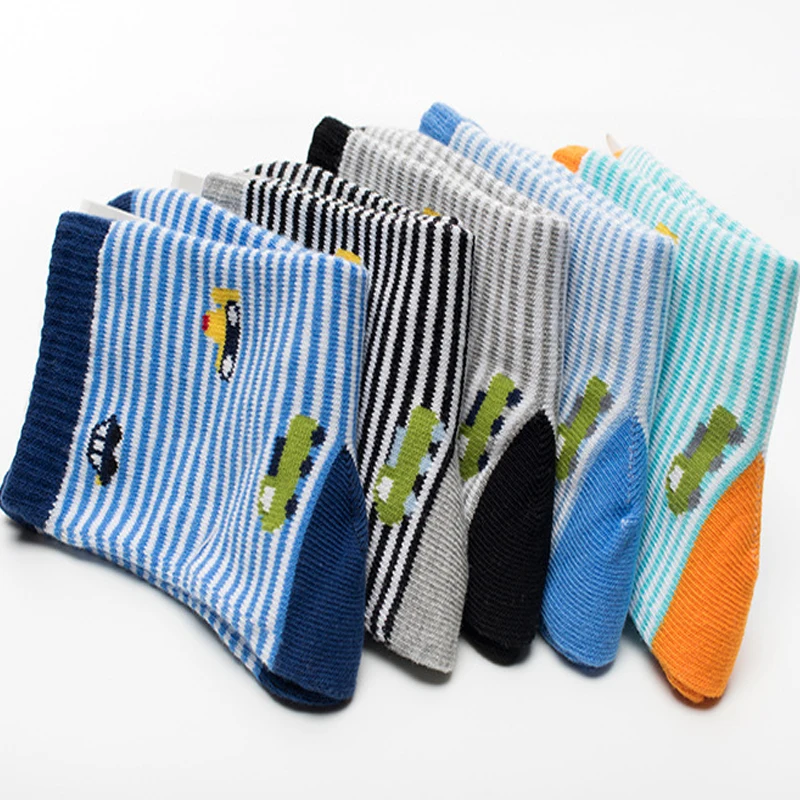 Striped cotton cartoon car children socks 5 pairs / lot 2-10 year kids socks baby boys girls kids socks