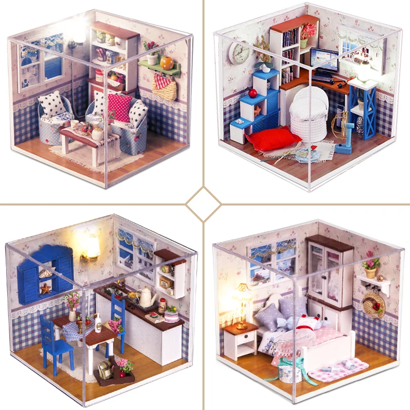 

2 in 1 DIY Furniture Miniature Dollhouse 3D Model Wooden Miniaturas Casa Doll Houses Toys With Led light For Children Gifts