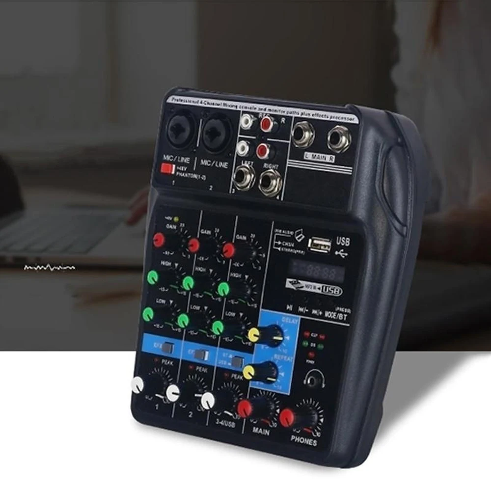 TU04 BT Sound Mixing Console Record 48V Phantom Power Monitor AUX Paths Plus Effects 4 Channels Audio Mixer with USB