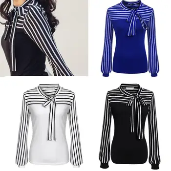 

Women Tie-Bow Neck Striped Long Sleeve Splicing Shirt 58
