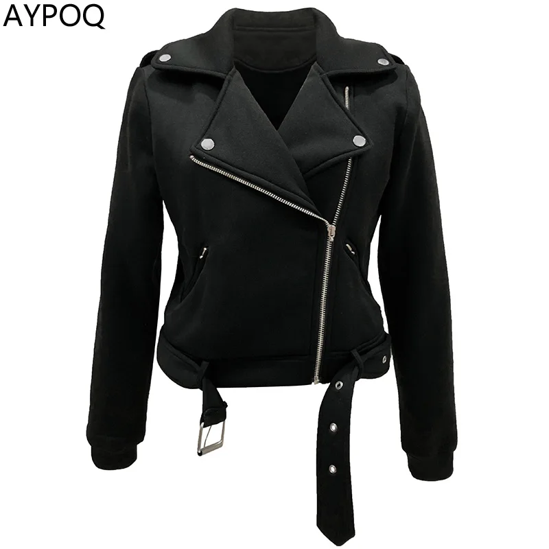 

AYPOQ Autumn Women Zippers Jacket Casual Female Outwear Short Top Coat Black White Outer Garments Turndown Collar Streetwear