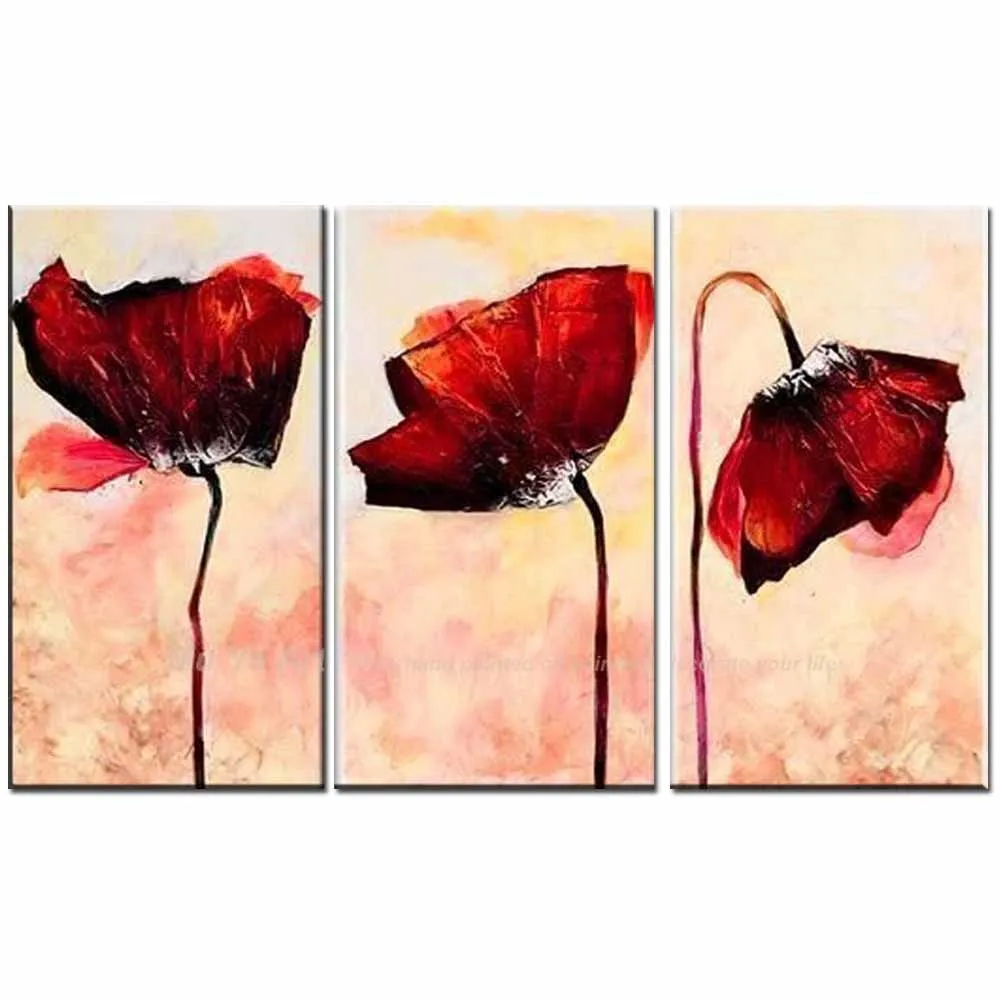 

Hand Painted Abstract Three Panels Red Poppy Flower Canvas Oil Painting Poppy Picture Living Room Bedroom Home Wall Decoration