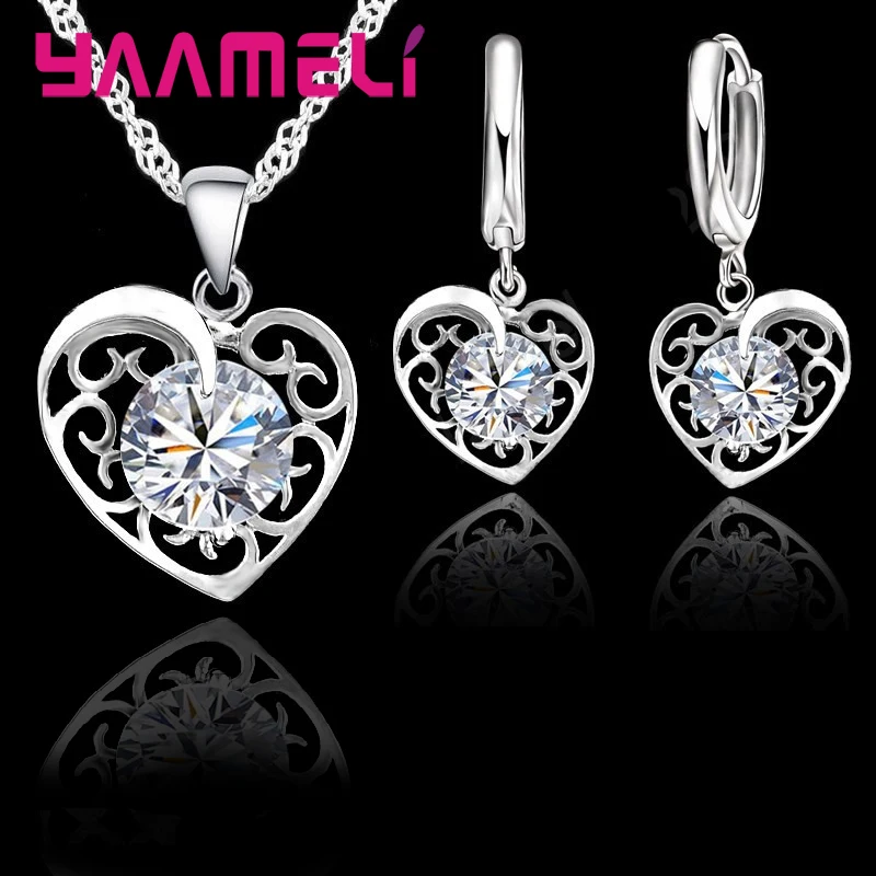 Кулон в форме сердца, ожерелье, серьги, 925 пробы, серебряный ювелирный набор, Австралийский Кристалл для женщин