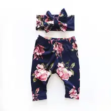 Одежда с цветочным принтом для маленьких девочек штаны-Леггинсы Штаны для малышей+ повязка на голову, комплект из 2 предметов