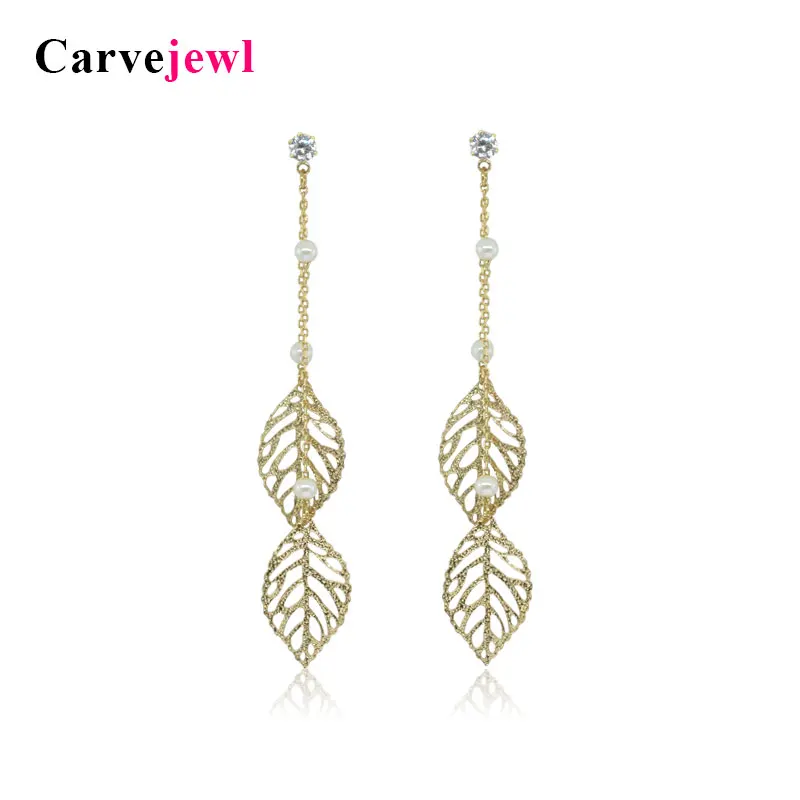 

Carvejewl long earring leaf pearl earrings zircon dangle earrings for women girl gift 2019 spring style hot sale fashion style