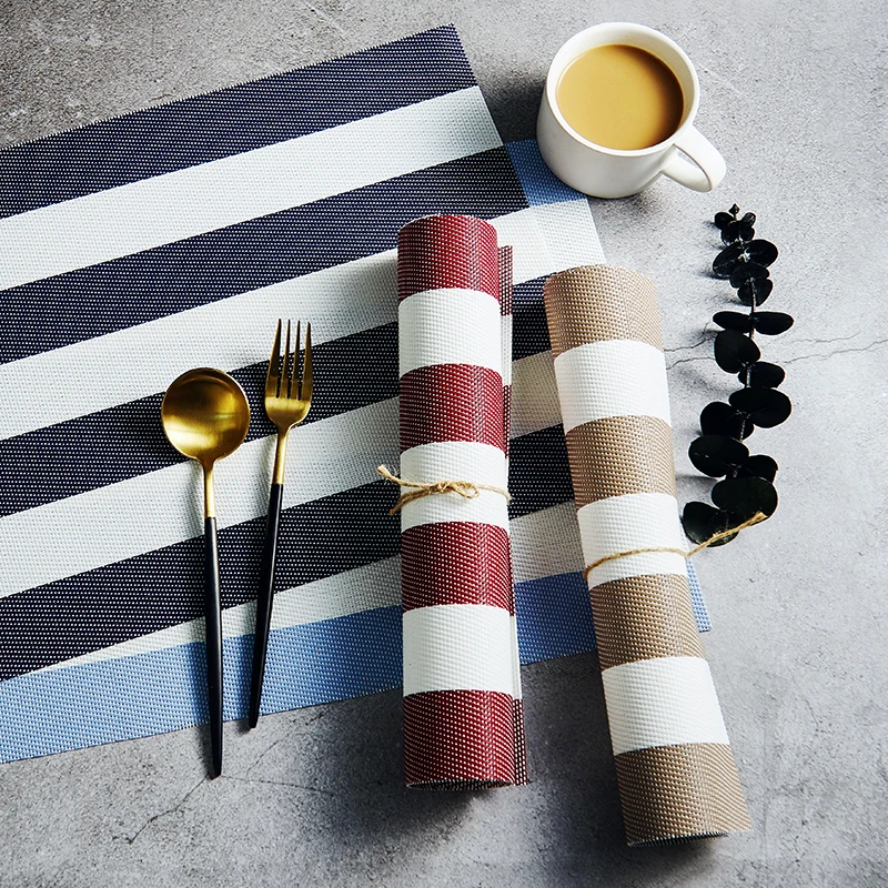 

Chic Stripe PVC Placemat Pad Dining Table Mat Pad Streak Dark Blue Brown Waterproof Non-Slip Placemats Bowl Coaster 45X30CM