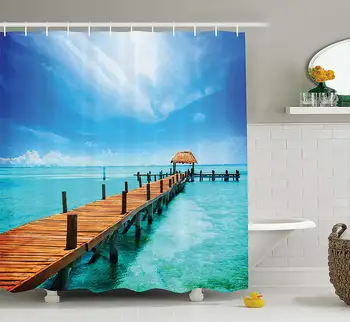 

Wooden Dock Maldives Tropical Island Seashore Gazebo Cabana Theme Beach Decorations for Home Bathroom Blue and Brown