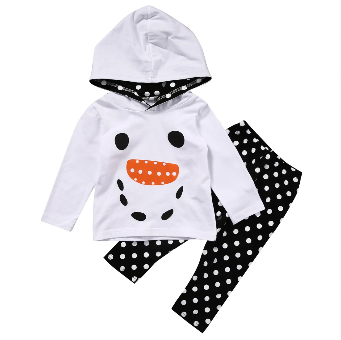 2 шт.! Повседневное детская одежда для маленьких девочек снеговик с капюшоном топы с длинными рукавами + Наряды в горошек со штанами комплект