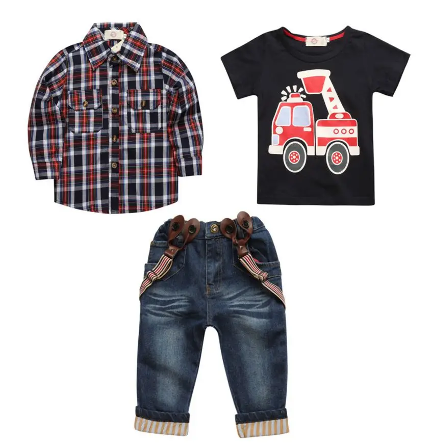 summer kids boy clothes,children Clothing Set Grid long sleeve shirt and T-shiert  Jeans boys clothing