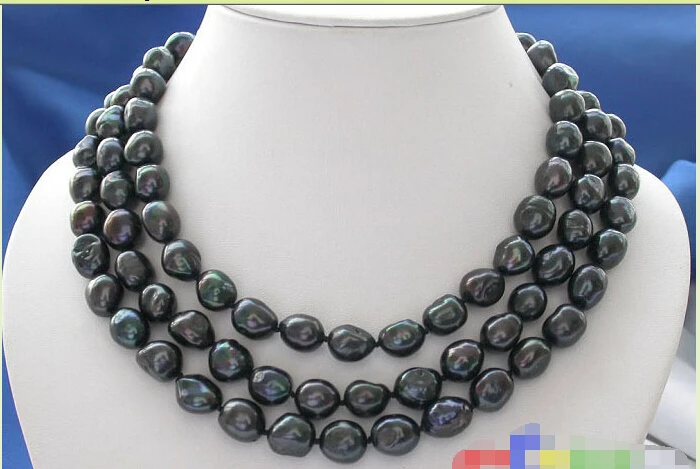 

3ROW 13MM BLACK BAROQUE FRESHWATER PEARL NECKLACE 925SC P2077^^^@^Noble style Natural Fine jewe FREE SHIPPING