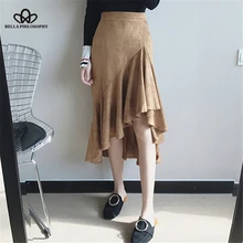 Bella Philosophy Осень Зима Новая Высокая талия замша гофрированная юбка асимметричный подол высокая низкая замша Женская юбка