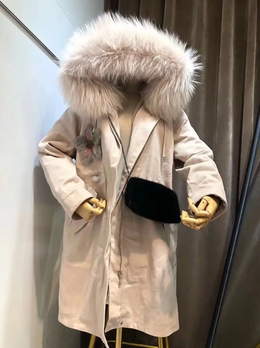 Back Mink Fur Flowers Embroidery Women Winter Jacket Coat Detachable Rex Rabbit Fur Liner Long Real Fur Parka