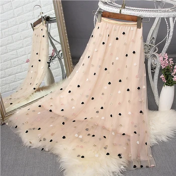 

Heavy Industry Lace Love Embroidered Mid-length Mesh Skirt 2019 Early Spring New High Waist Fairy Women's Skirt