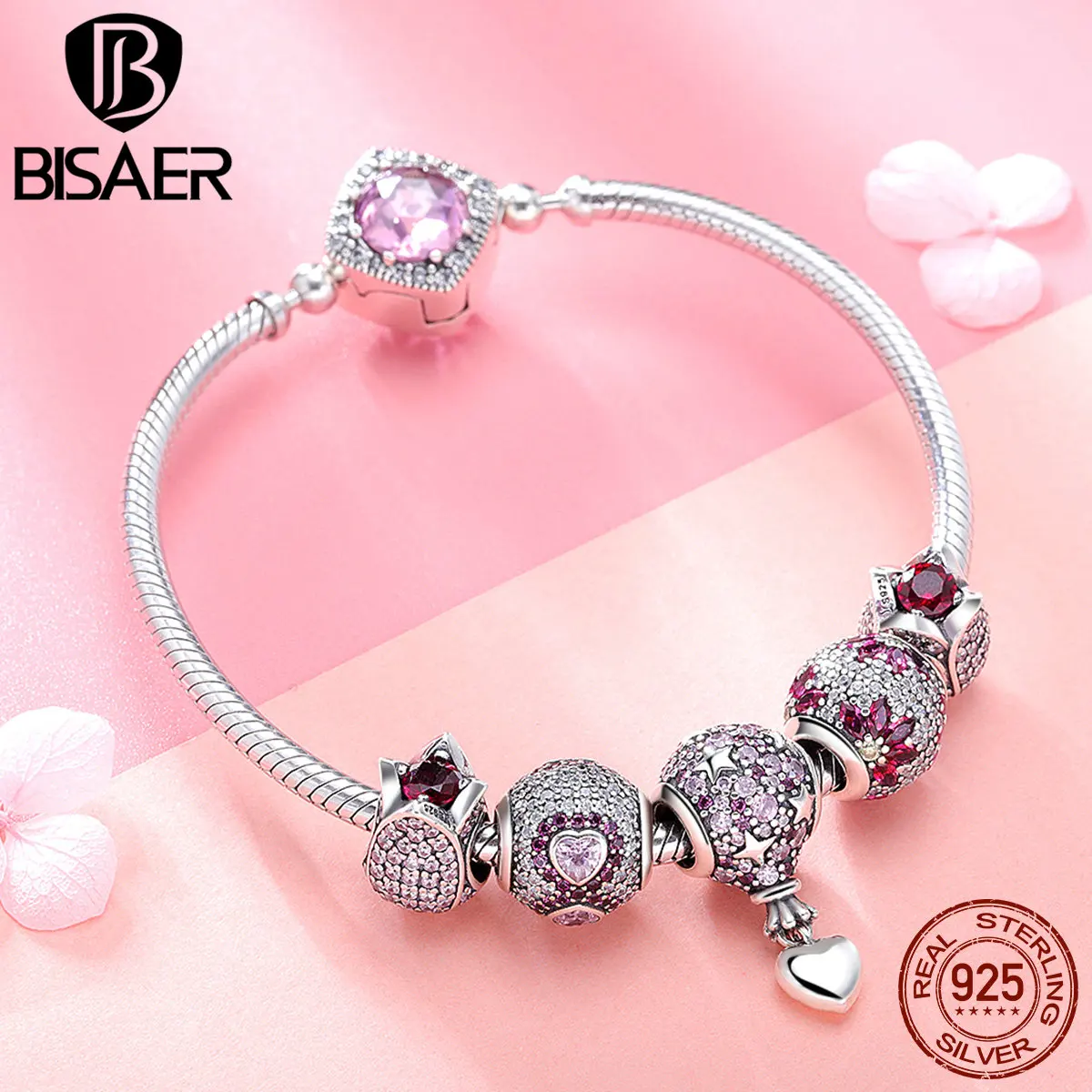 

BISAER 925 Sterling Silver Pink CZ Paved Heart Flower Tulip Romantic Brand Women Silver Charm Bracelet Beads Bangle GXB803