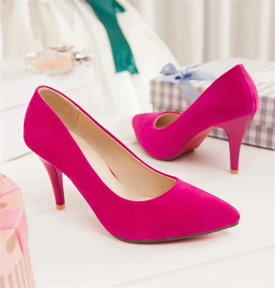 Весенние женские туфли-лодочки пикантные туфли из флока на высоком каблуке-шпильке 7 см с красной подошвой, с острым носком, для свадебной вечеринки, на шпильке, без шнуровки, Офисная Женская обувь - Цвет: Red