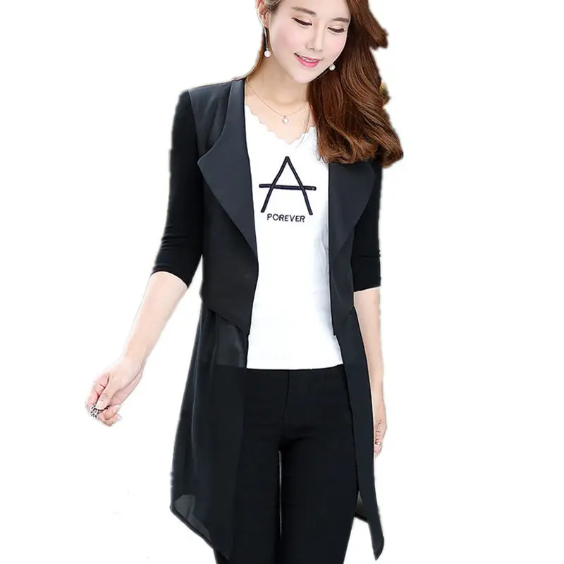 

Plus Size 4XL blaizer mujer 2019 Spring Summer Thin Women Blazers And Jackets Chiffon Patchwork Elegant Windbreaker Coat f736