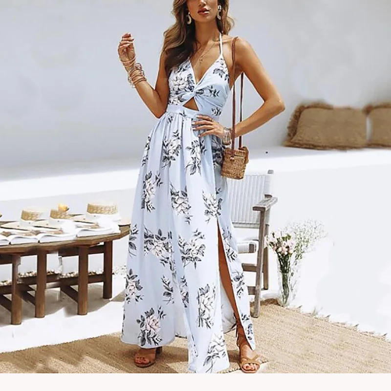 

2019 Womens Summer Boho Maxi Long Dress Evening Party Beach Dresses Sundress Floral Halter Dress Summer