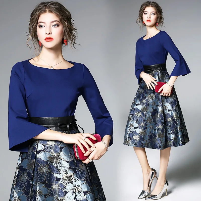 Kopen 2018 Nieuwe Lente vrouwen Jurk Fashion Lange Trompet Mouw Jacquard Slanke A lijn Lange Jurk Elegante Temperament Jurk