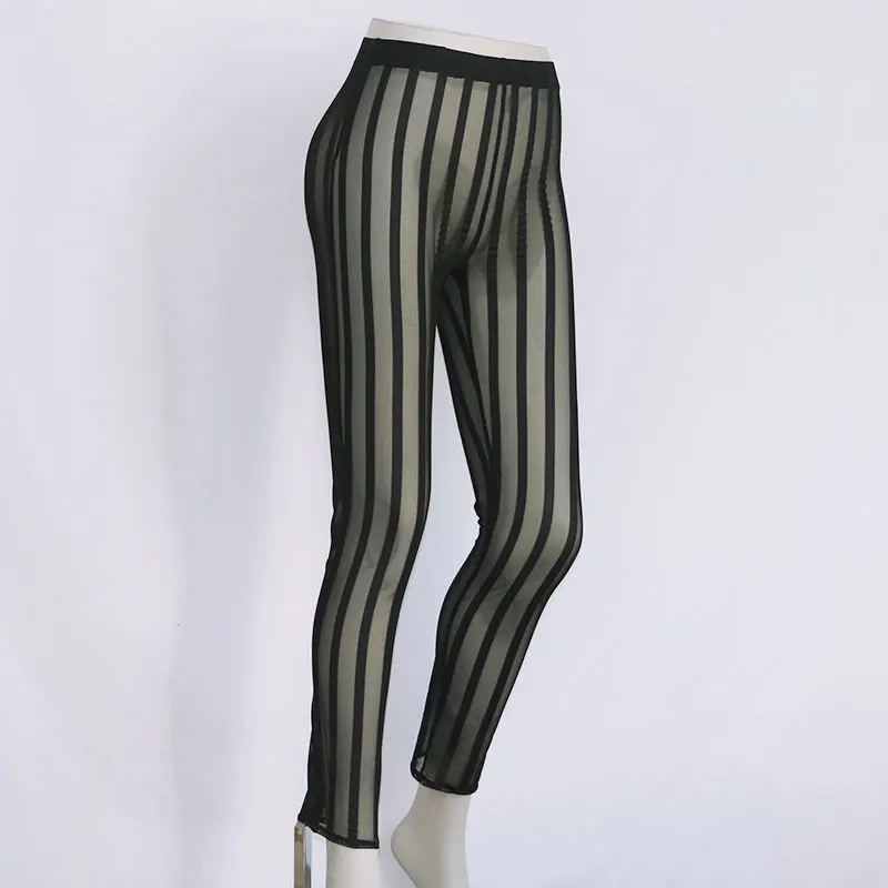 Сексуальные прозрачные брюки, женские летние Черные Сетчатые полосатые штаны Кори для отдыха, женские эластичные брюки-карандаш длиной до щиколотки для бега