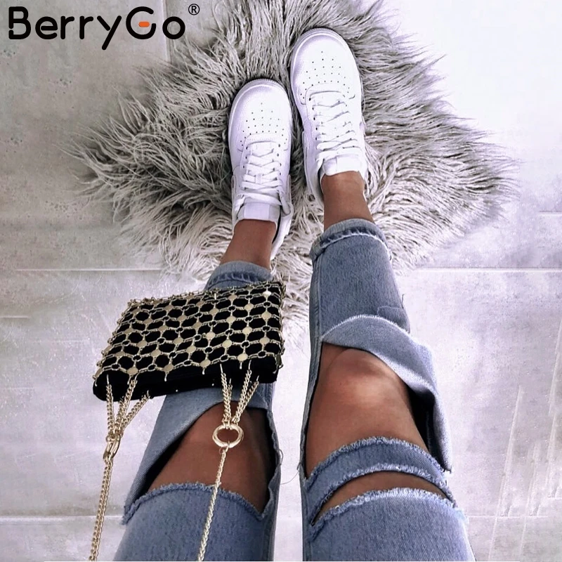 BerryGo рваные женские синие джинсы карандаш летние Классные джинсовые Джеггинсы