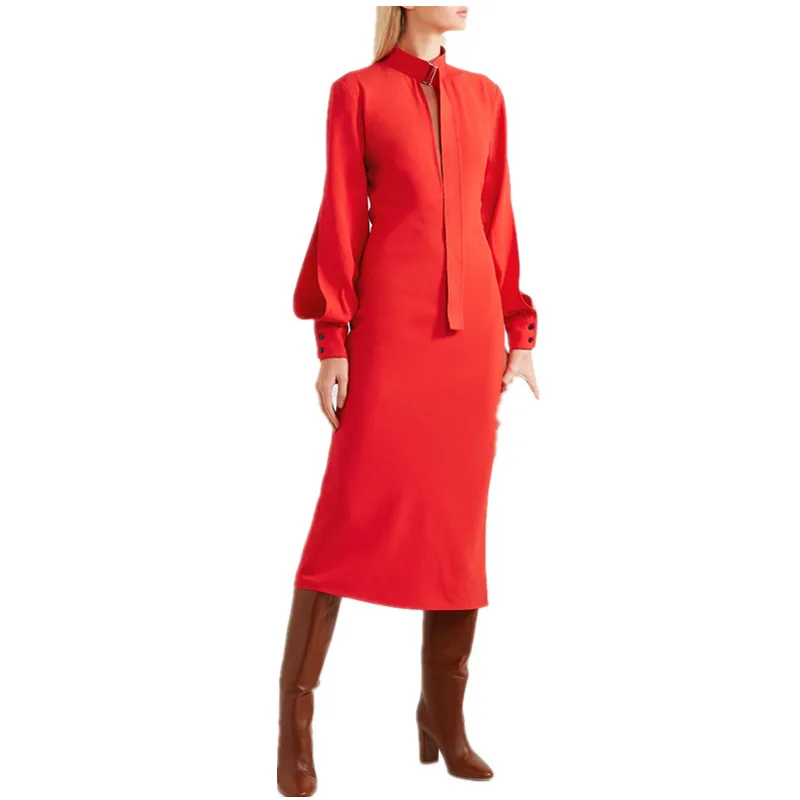 

2019 Spring Summer New Women fashion classic Simple Career V-Neck Slim-type Knee-Length Red Navy Dress