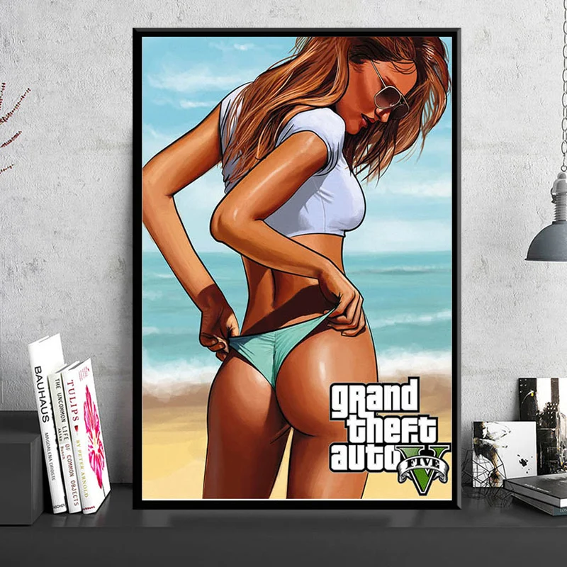 

Poster And Prints Hot Grand Theft Auto Video Game GTA 5 Sexy Beach Bikini Painting Art Wall Pictures For Living Room Home Decor