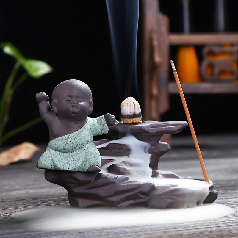

Four Color Backflow Incense Burner Kung Fu Kid Desk Home Decor Stick Holder Gift Decoration Teahouse Ornament