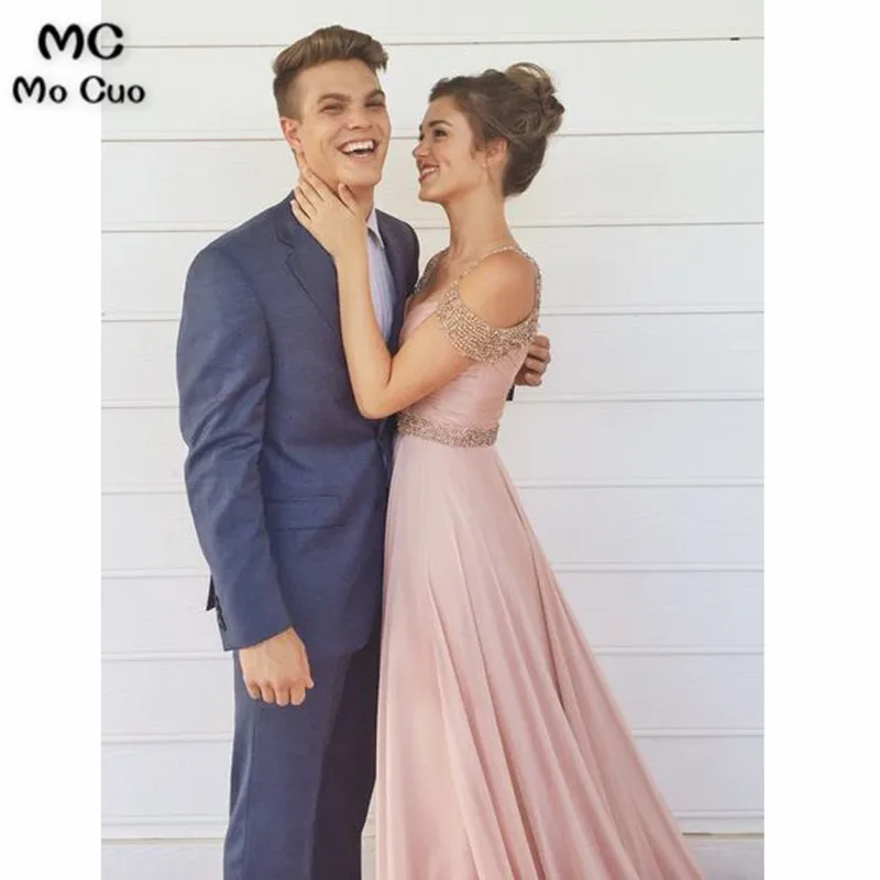 A-Line V-Neck Floor-Length Blush Chiffon Prom Bridesmaid Dress with Beading4