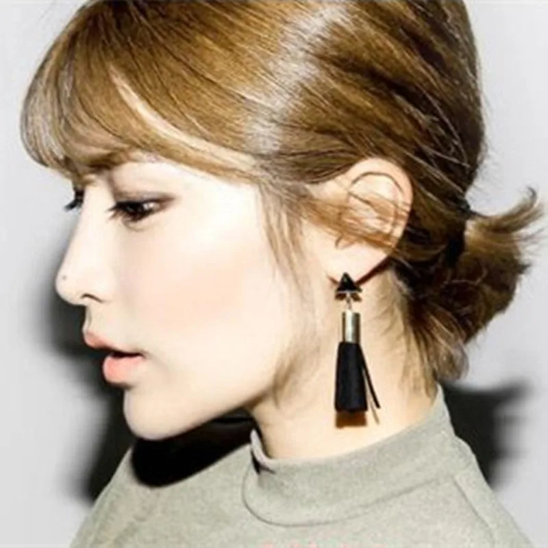 

E077 Triangle Design Long Leather Tassel Earrings For Women Black Drop Earrings Fashion Jewelry Korean Style Bijoux Hot Sale