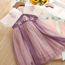 Платье для маленьких девочек; модные детские платья с цветочной вышивкой в китайском стиле для девочек; сетчатая одежда с юбкой-пачкой; летние платья принцессы