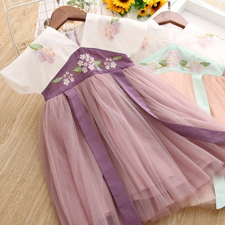 

Baby Girl Dress Fashion Flower Embroidery Chinese Style Kids Dresses for Girls Mesh Splice Tutu Clothing Princess Summer Dresses