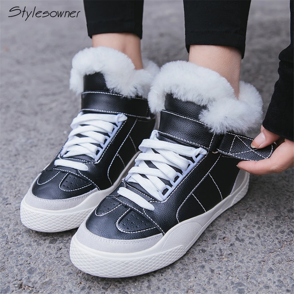

Stylesowner Women Fur Winter Sneaker Boots Plush Warm Casual High Top Shoes Lace Up Winter Fashion Sneaker Shoes Platform Wedges
