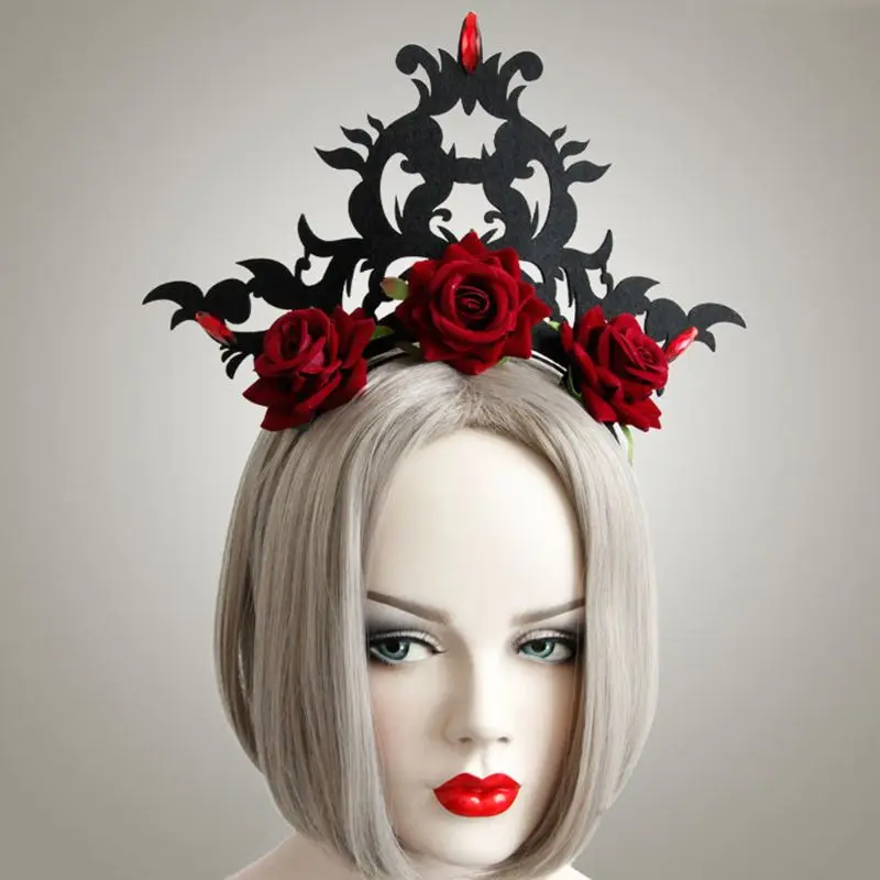 Дамская голова королевы венок готическая Черная Корона красные розы тиара обруч для волос Хэллоуин вечерние Маскарад косплей