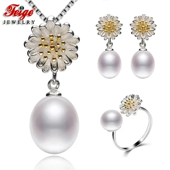 

FEIGE 8-9MM Rice-shape White Freshwater Pearl Sets Genuine High-quality 925 Sterling Silver Jewelry Set For Women Pearl Jewelry