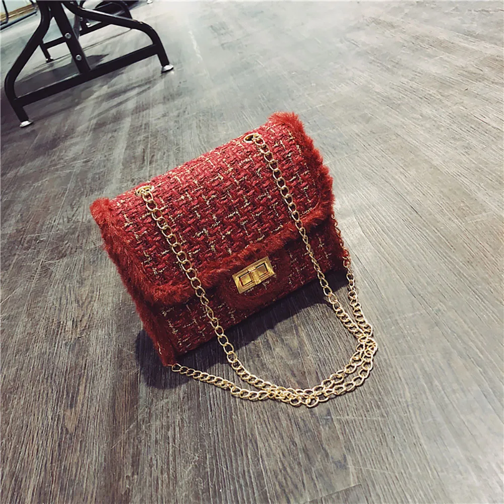 

Women Casual Crossbody Bags Ladies Plush Wool Bag Tide Chain Single Shoulder Slanting Small Square Bag Phone Money Handbag