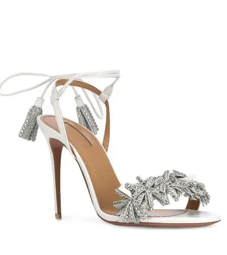 

Moraima Snc High Qualtiy Leather Fringed High Heel Sandals Summer Open Toe Lace-up Thin Heels Shoes Rhinestones Sandals
