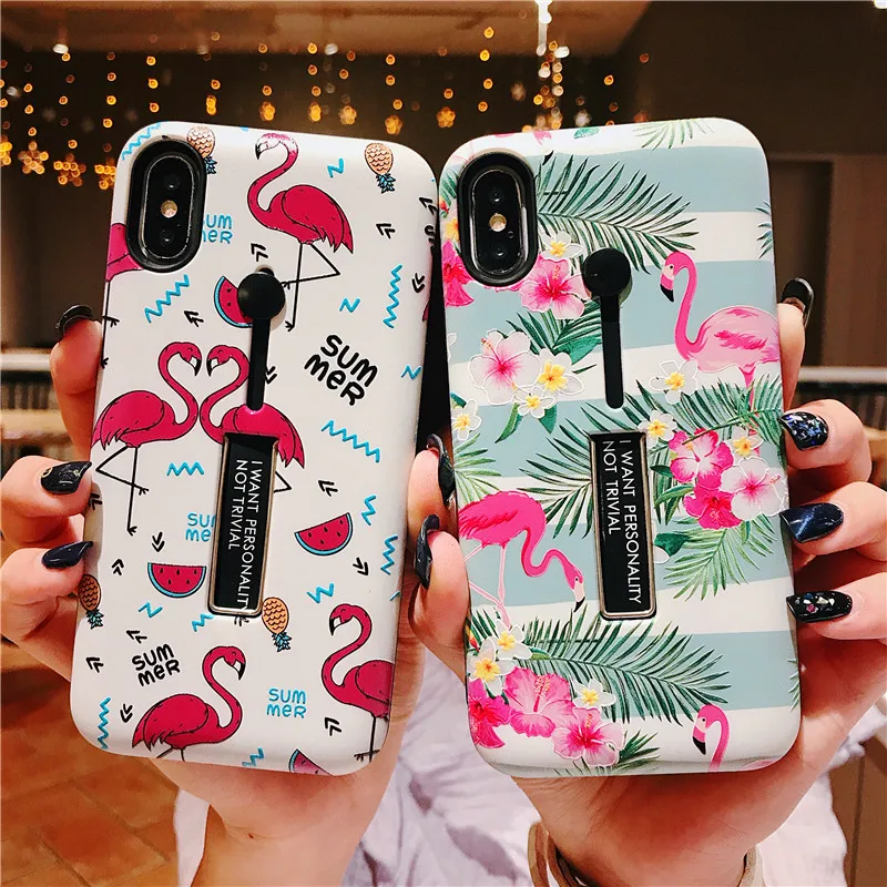 

Fashion Flamingo Flower silicon Ring Phone Cases For iphone 7 Case Hide Stand Holder Cover For iphone XS MAX XR X 6 6S 7 8 Plus