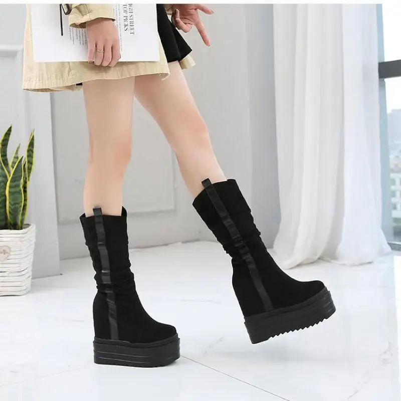 

mid-calf Slip-on Basic Round Toe 13cm High Heel Black Boots Women Increasing Heel Winter Wedges Platform Boot