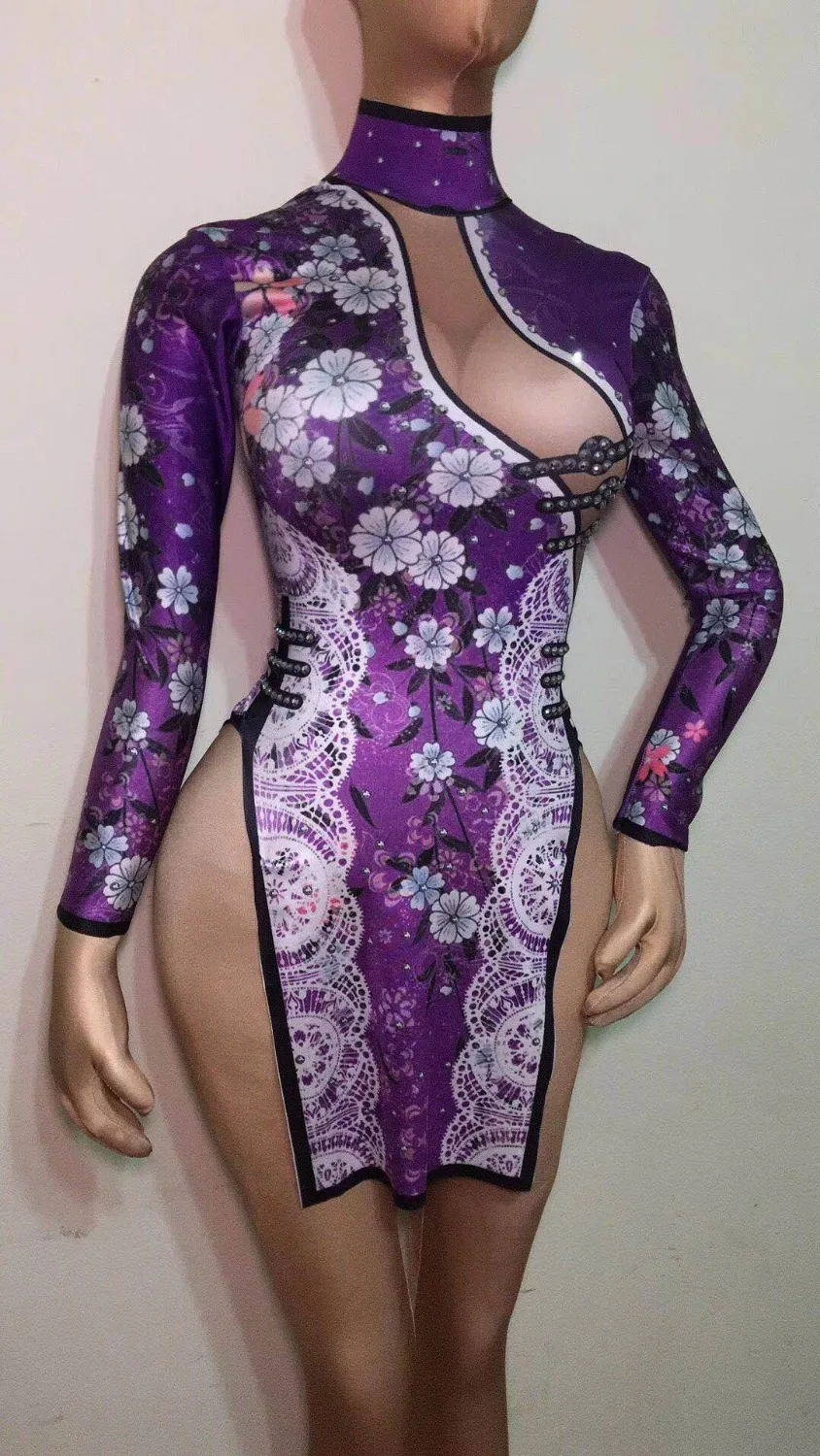 Китайское Сексуальное Фиолетовое Платье Чонсам Женская Одежда для танцев женский костюм певицы цельное Боди для ночного клуба вечерние платья