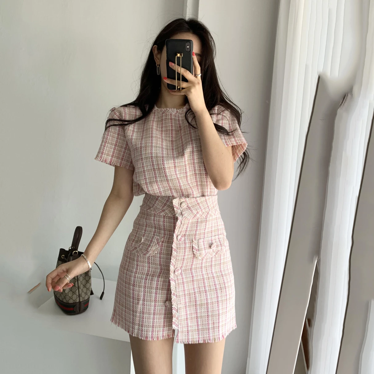 

Women Summer Two 2 Piece Set Skirt Outfits Short Sleeve O Neck Loose Blouses and High Waist Button Casual Sexy Mini Skirt Mujer