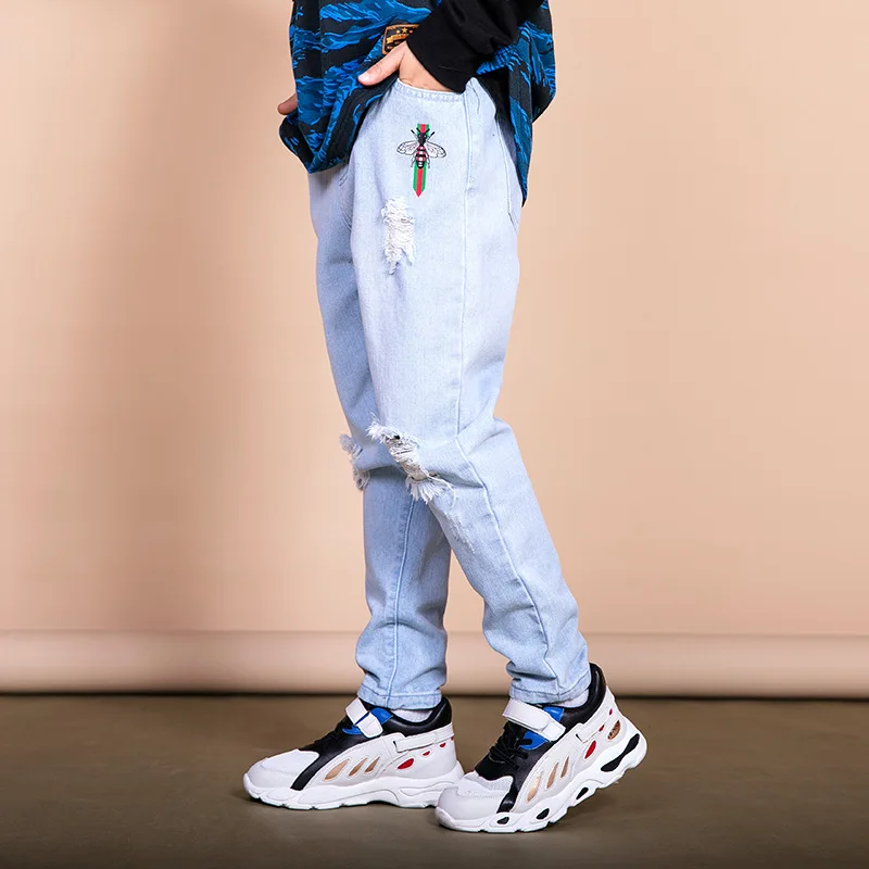 

2019Spring New Jeans Simple Cartoon Embroidery Elastic Children's Long Pants Boys Girls Jeans Autumn Casual Straight Kids Jeans